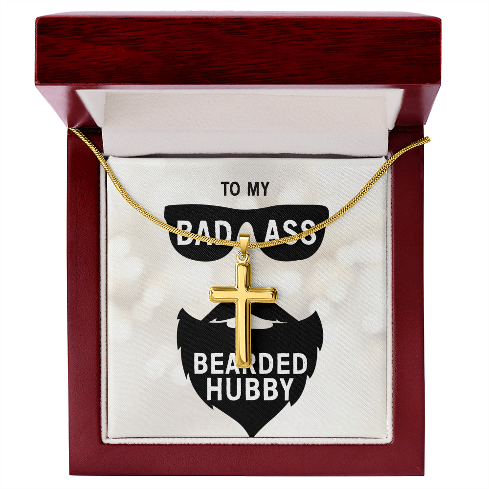 To My Badass Bearded Hubby, Gift From Wife To Hubby, Father's Day Gift For Hubby - Artisan Cross Necklace With Message Card by Best Gifts 305