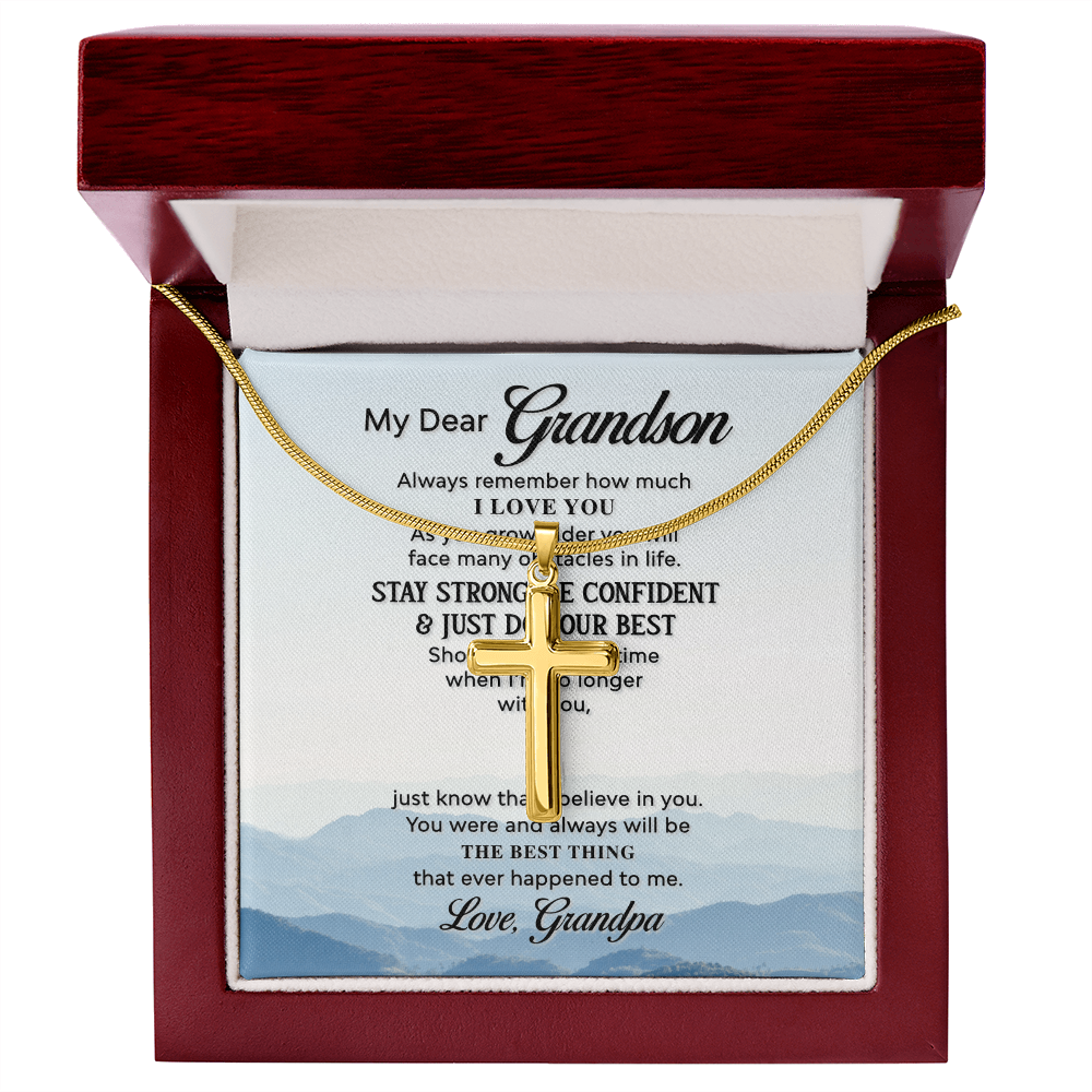 Grandson Cross Necklace Gift from Grandpa – Inspirational Christian Pendant with Full Quote