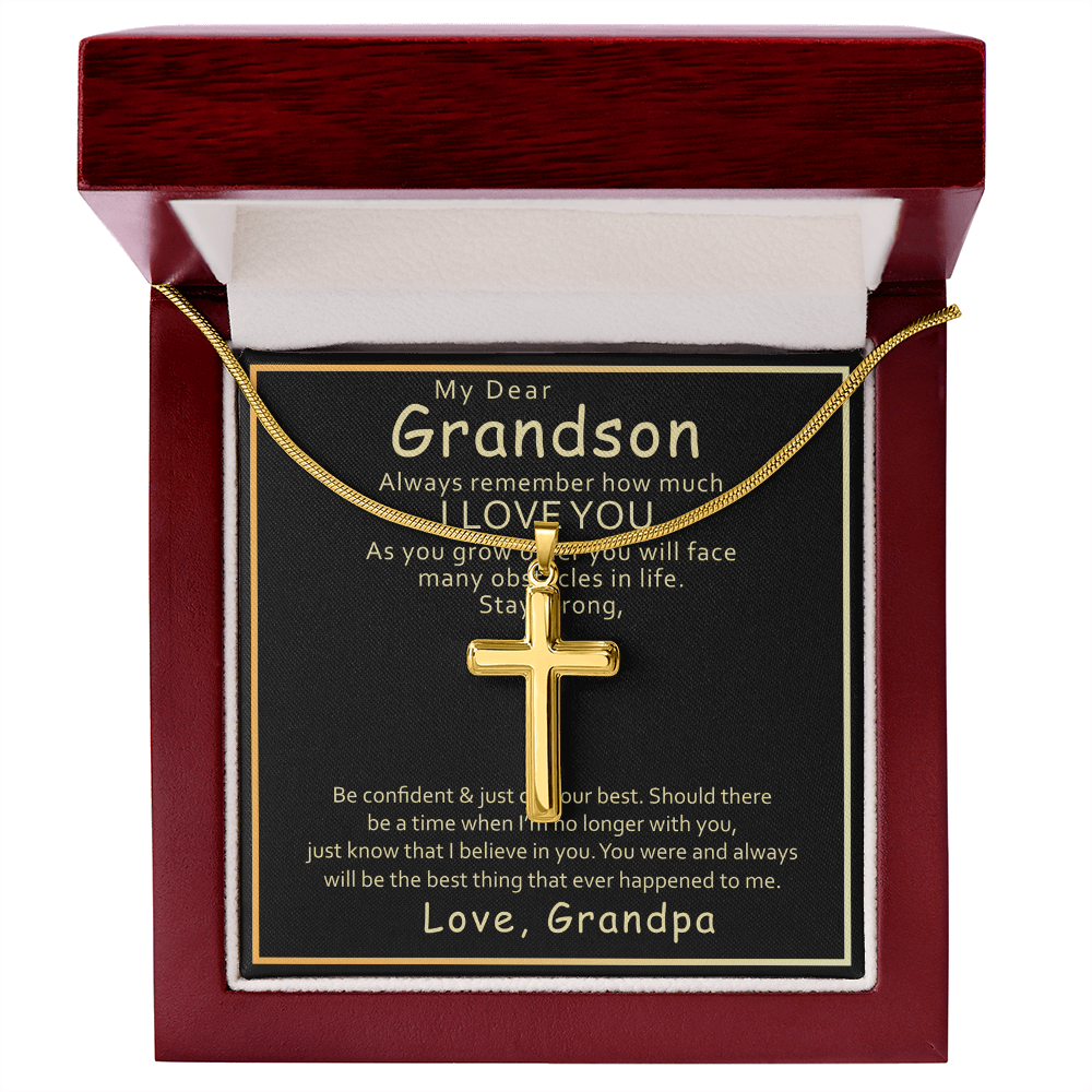 Grandson Cross Necklace Gift from Grandpa – Stainless Steel Faith Pendant with Inspirational Message