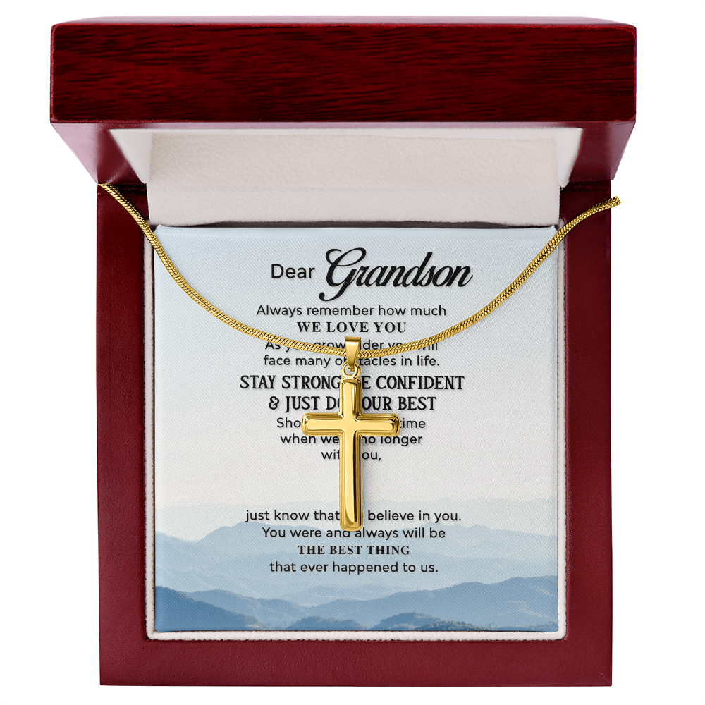 Grandson Cross Necklace Gift from Grandparents – Inspirational Christian Pendant with Love Message Card