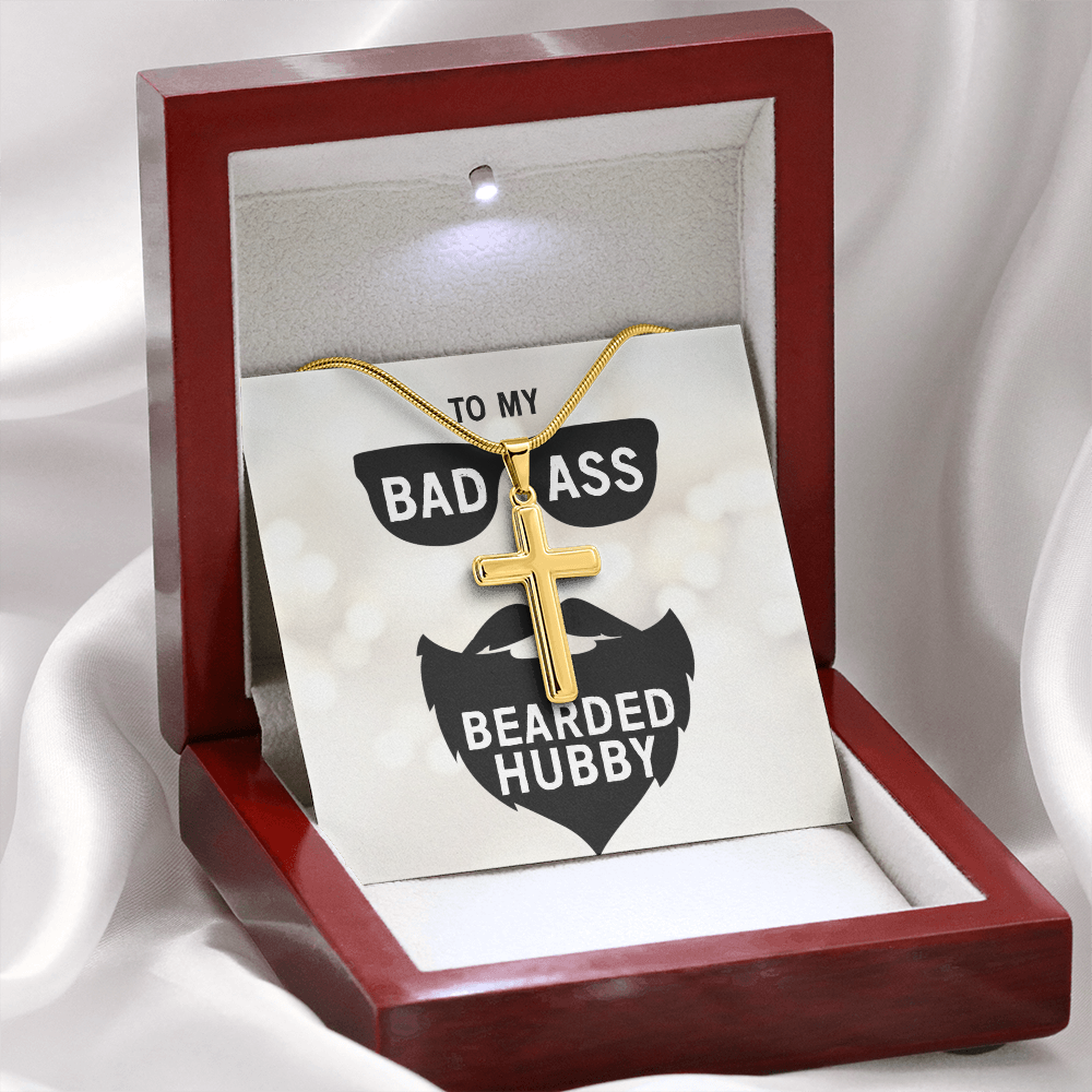 To My Badass Bearded Hubby, Gift From Wife To Hubby, Father's Day Gift For Hubby - Artisan Cross Necklace With Message Card by Best Gifts 305