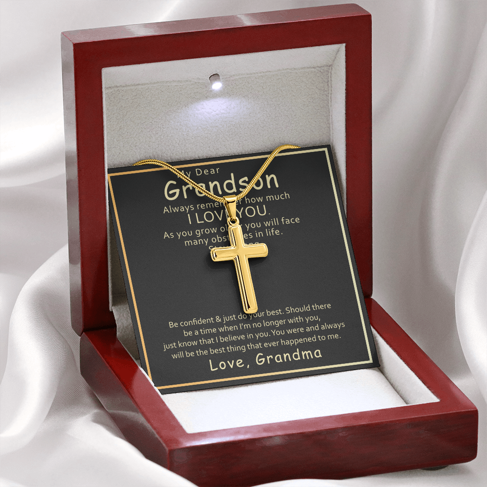 Grandson Cross Necklace Gift from Grandma – Inspirational Faith Pendant with Message Card