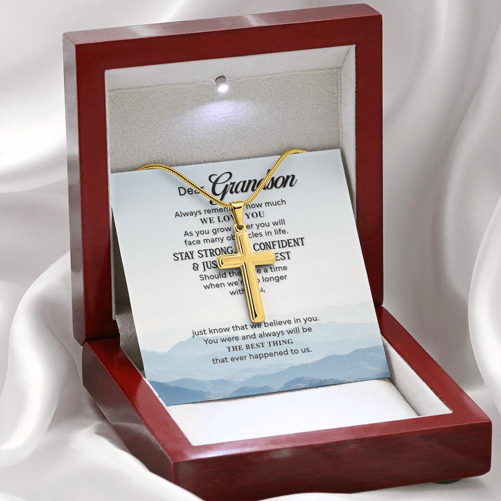 Grandson Cross Necklace Gift from Grandparents – Inspirational Christian Pendant with Love Message Card