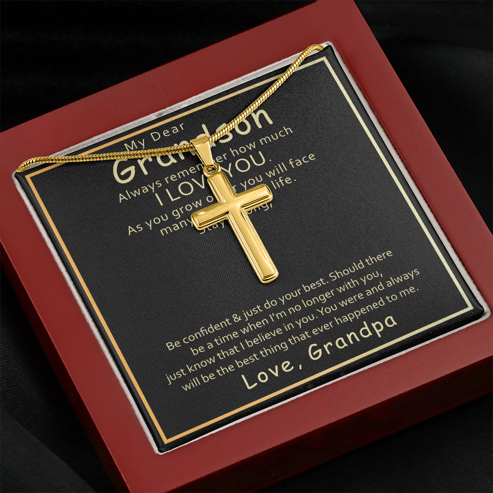 Grandson Cross Necklace Gift from Grandpa – Stainless Steel Faith Pendant with Inspirational Message