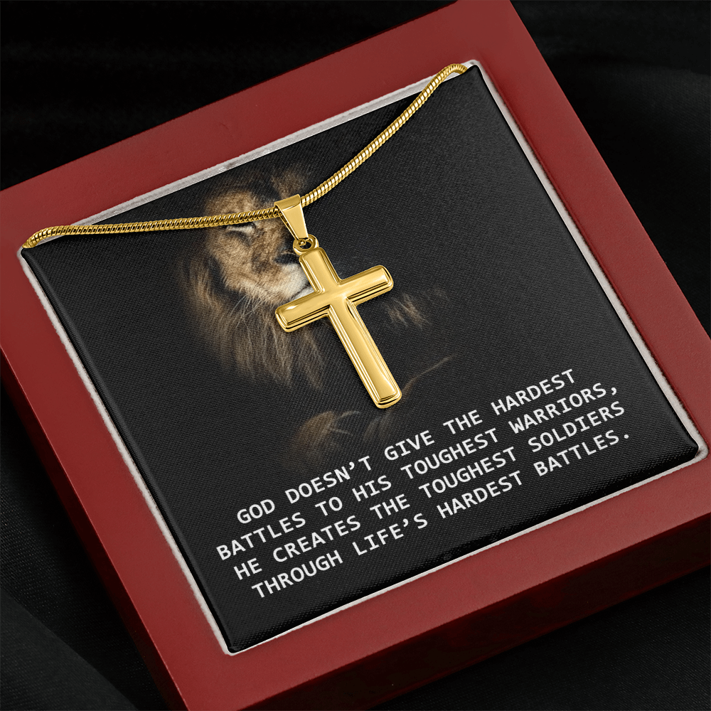 For Him, Gift For Son, Faith Necklace For Him, Artisan Cross Necklace with Snake Chain, Dad's Birthday Gift, God Doesn't Give The Hardest Battles To His Toughest Warrior by Best Gifts 305
