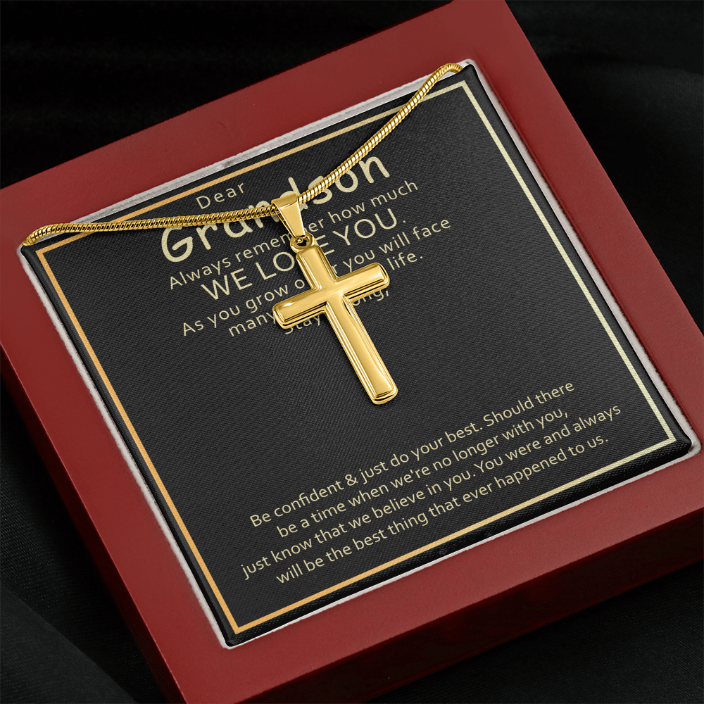 Grandson Cross Necklace Gift – Inspirational Artisan Cross Pendant from Grandparents for Encouragement & Love
