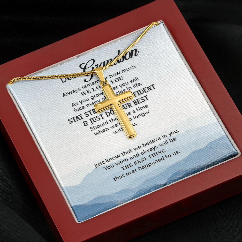 Grandson Cross Necklace Gift from Grandparents – Inspirational Christian Pendant with Love Message Card
