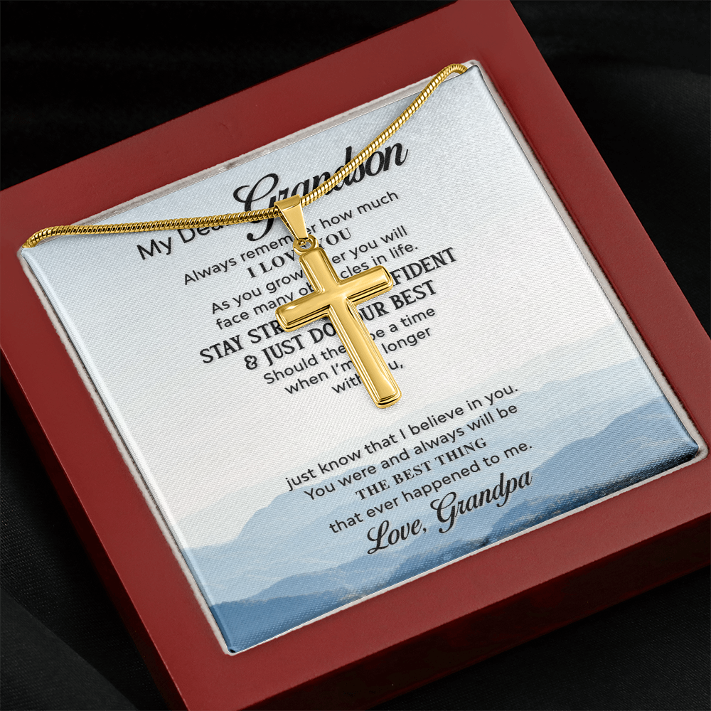 Grandson Cross Necklace Gift from Grandpa – Inspirational Christian Pendant with Full Quote