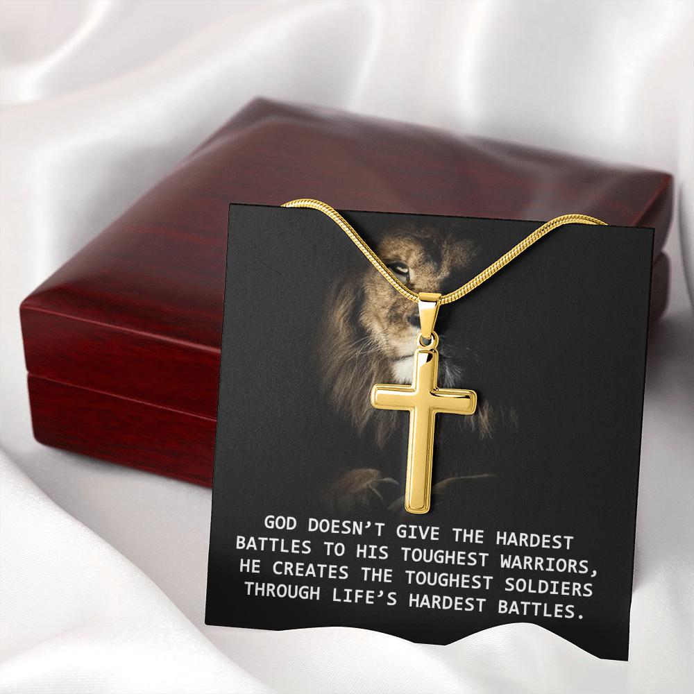 For Him, Gift For Son, Faith Necklace For Him, Artisan Cross Necklace with Snake Chain, Dad's Birthday Gift, God Doesn't Give The Hardest Battles To His Toughest Warrior by Best Gifts 305