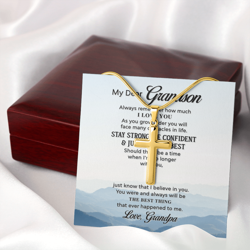Grandson Cross Necklace Gift from Grandpa – Inspirational Christian Pendant with Full Quote