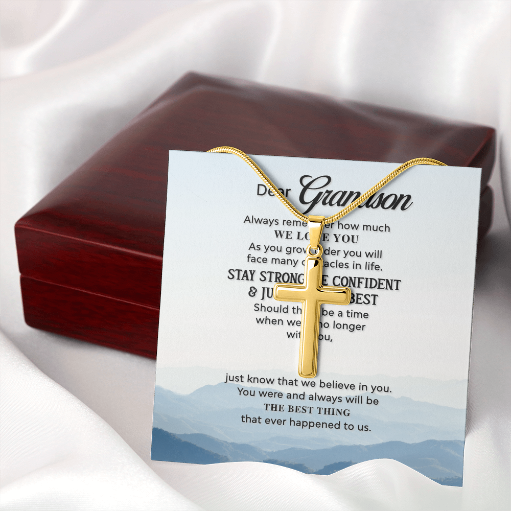 Grandson Cross Necklace Gift from Grandparents – Inspirational Christian Pendant with Love Message Card