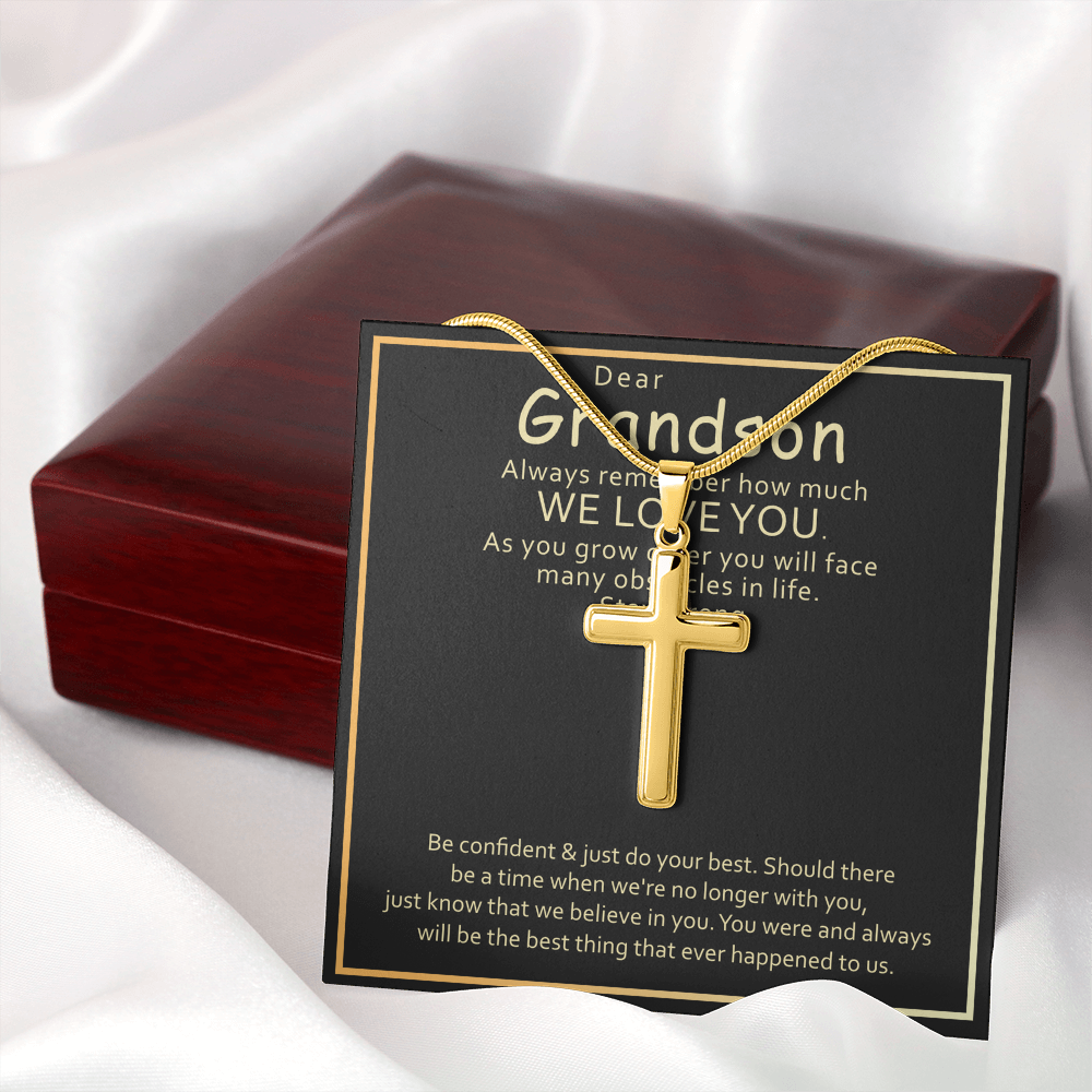 Grandson Cross Necklace Gift – Inspirational Artisan Cross Pendant from Grandparents for Encouragement & Love