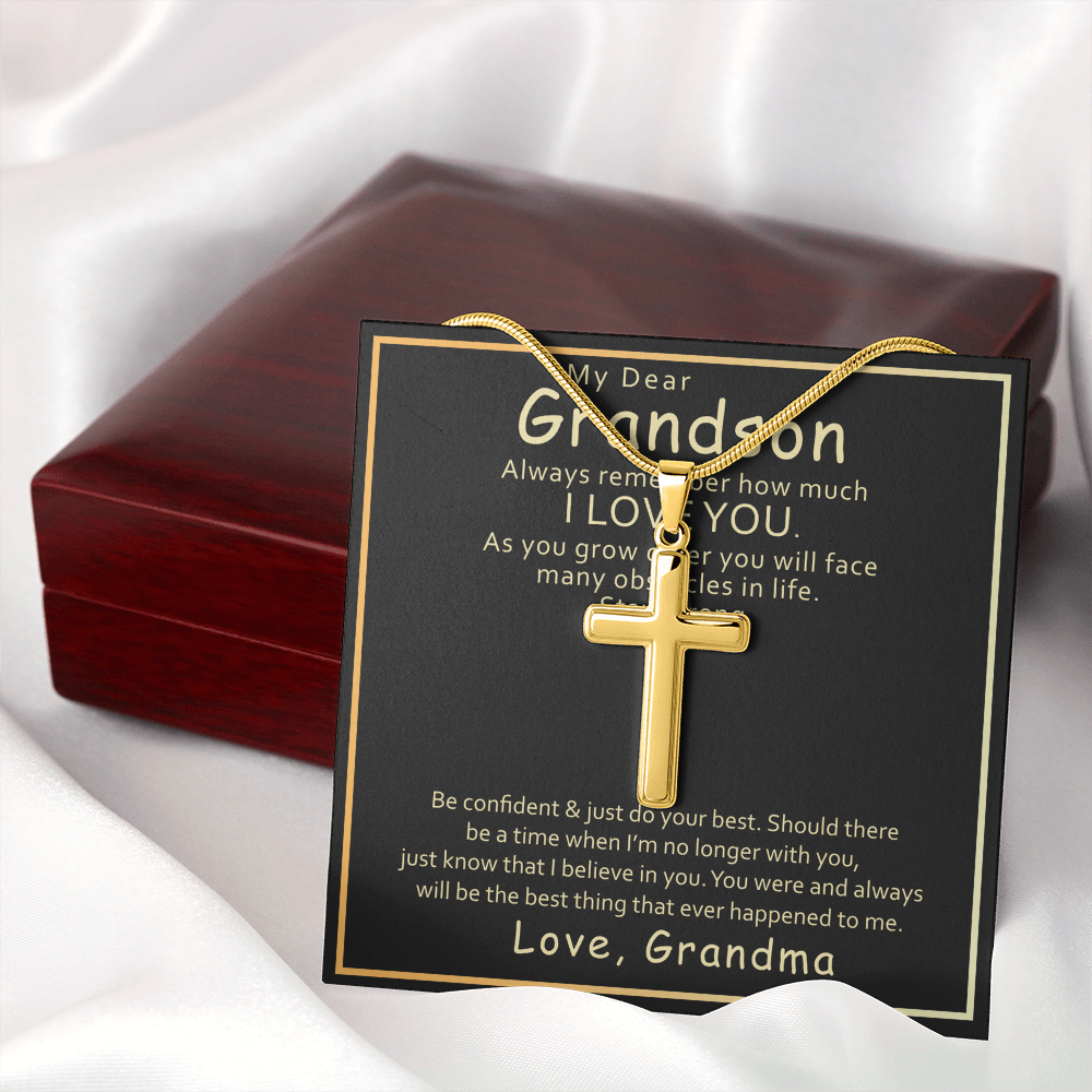 Grandson Cross Necklace Gift from Grandma – Inspirational Faith Pendant with Message Card