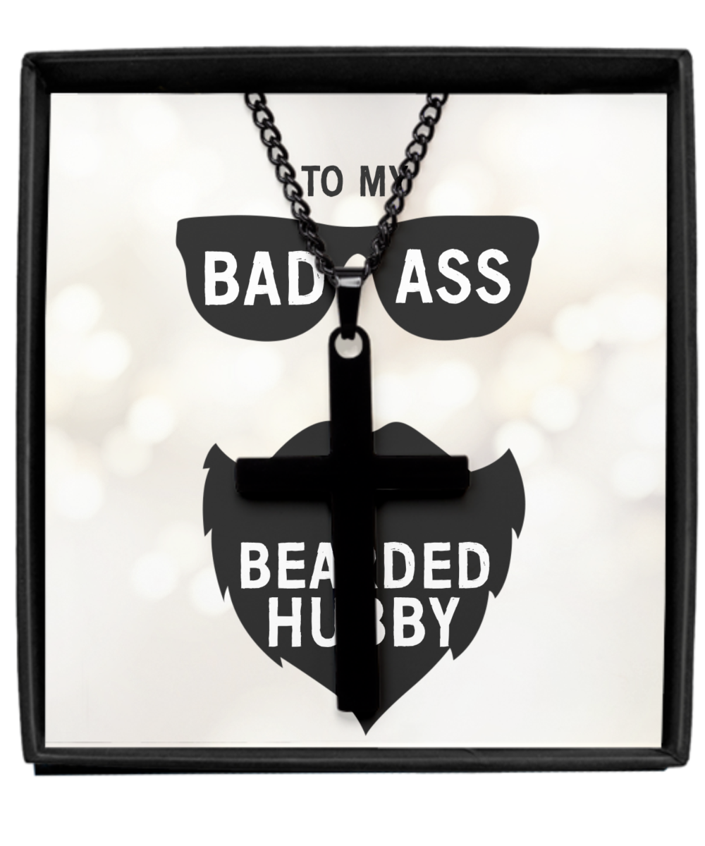 To My Badass Bearded Hubby, Black Cross Necklace For Hubby, Anniversary Gift From Wife To Hubby, Father's Day Gift For Hubby