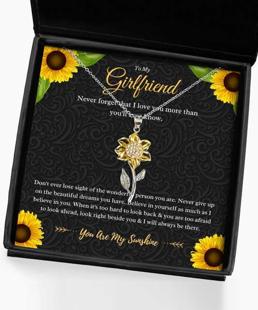 To My Girlfriend Sunflower Necklace Gift From Boyfriend, Girlfriend Anniversary Present, Girlfriend Valentines Day Message Card Jewelry Gift For Birthday