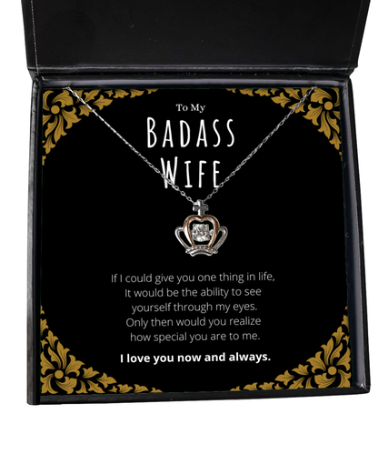 Badass Wife Crown Necklace Message Card Gift From Husband, Wife Valentines Day Anniversary Jewelry Present For Wife Birthday