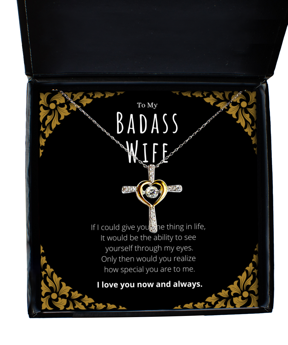 Badass Wife Cross Necklace Message Card Gift From Husband, Wife Valentines Day Anniversary Jewelry Present For Wife Birthday