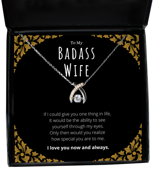 Badass Wife Wishbone Necklace Message Card Gift From Husband, Wife Valentines Day Anniversary Jewelry Present For Wife Birthday