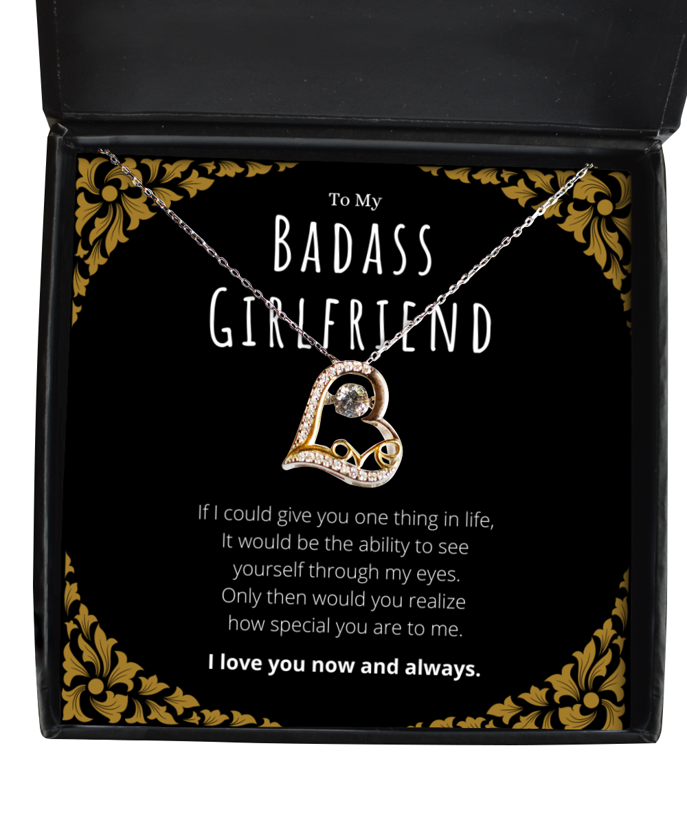 Badass Girlfriend Heart Necklace Message Card Gift From Boyfriend, Girlfriend Valentines Day Anniversary Jewelry Present For Girlfriend Birthday