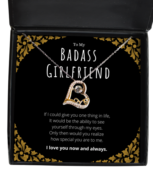 Badass Girlfriend Heart Necklace Message Card Gift From Boyfriend, Girlfriend Valentines Day Anniversary Jewelry Present For Girlfriend Birthday