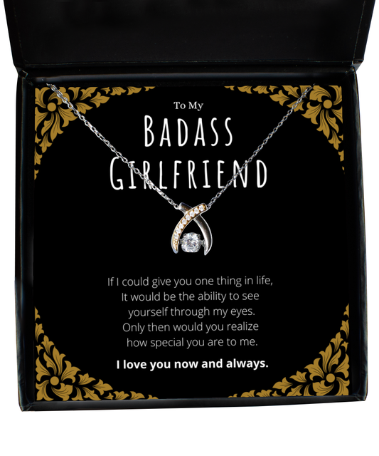 Badass Girlfriend Wishbone Necklace Message Card Gift From Boyfriend, Girlfriend Valentines Day Anniversary Jewelry Present For Girlfriend Birthday