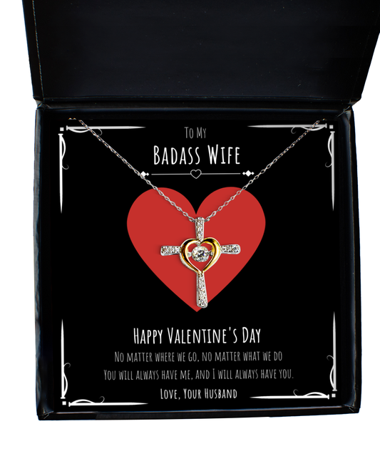 Badass Wife Valentines Day Gift Cross Necklace Message Card Gift From Husband, Wife Birthday Anniversary Jewelry Present