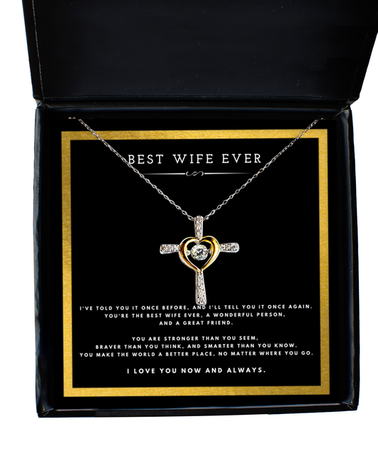 Best Wife Ever Anniversary Message Card Jewelry Cross Necklace Gift From Husband for Valentines Day Birthday Present, Christmas Gifts For Wife