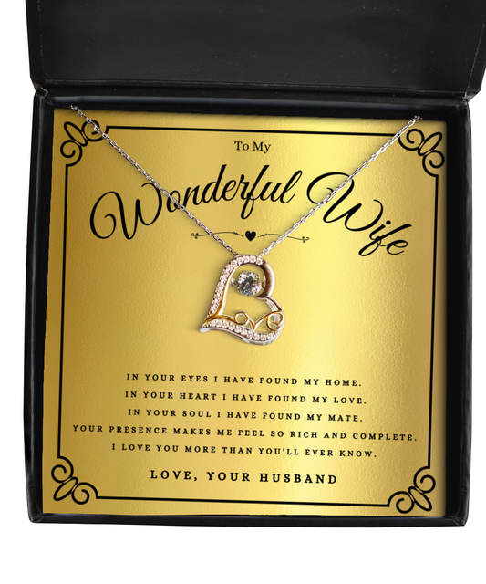 To My Wonderful Wife Heart Jewelry Necklace Gift For Wife Anniversary, Wife Valentines Day Message Card Christmas Present From Husband, Wife Birthday Jewelry Gift