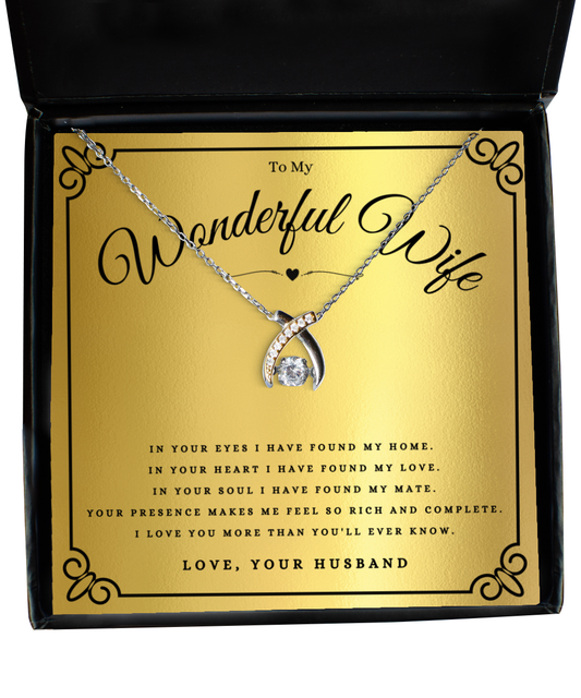 To My Wonderful Wife Wishbone Jewelry Necklace Gift For Wife Anniversary, Wife Valentines Day Message Card Christmas Present From Husband, Wife Birthday Jewelry Gift