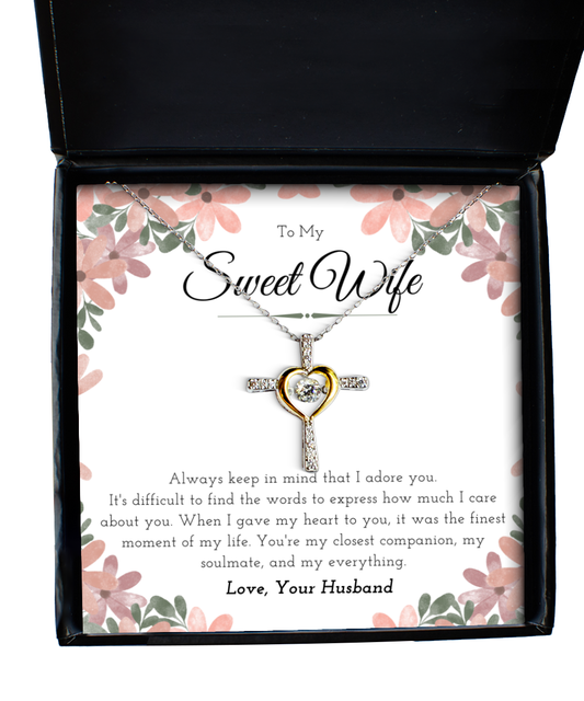 Sweet Wife Anniversary Present For Her, Cross Necklace Message Card Jewelry Gift From Husband, Nice Mothers Day Necklace, Gift For Wife Birthday