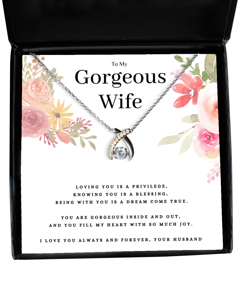 Anniversary Present For Gorgeous Wife, Wishbone Necklace Birthday Jewelry Message Card Gift From Husband, Lovely Valentines Day Necklace Present For Wife, Wife Mothers Day Gift