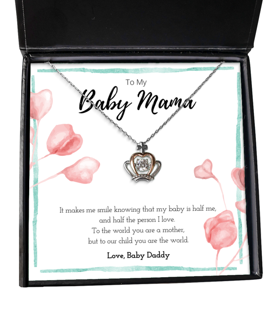 To My Baby Mama Sweet Message Crown Necklace Jewelry Gift For Mothers Day, Valentines Day Present From Baby Daddy, Mom Anniversary Birthday Gift From Husband