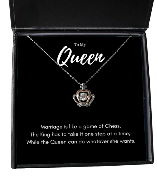 Funny Queen Crown Necklace Anniversary Gift From Husband, Chess Marriage Message Card Jewelry Birthday Present For Wife, Hilarious Jewelery Gifts For Wife Valentines Day