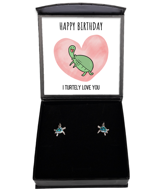 Funny Turtle Earrings Happy Birthday Gift For Her, Animal Pun Message Card Jewelry Birthday Present From Him, Dad Joke Gag Gifts For Birthday