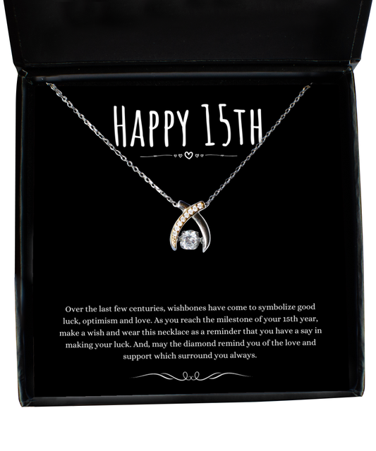 15th Birthday Gift Wishbone Necklace For Woman Turning 15 Meaningful Jewelry Message Card Present