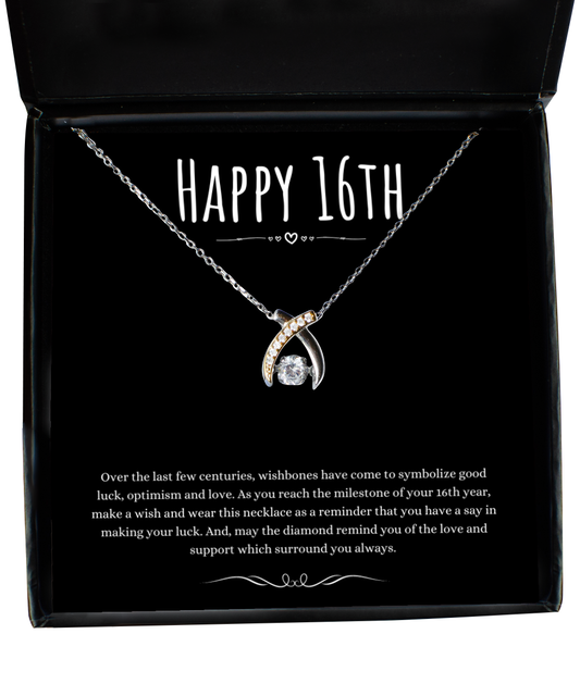 16th Birthday Gift Wishbone Necklace For Woman Turning 16 Meaningful Jewelry Message Card Present