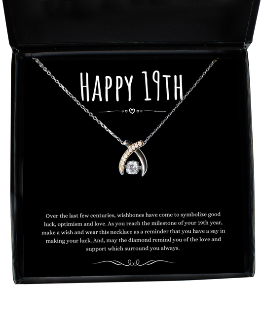 19th Birthday Gift Wishbone Necklace For Woman Turning 19 Meaningful Jewelry Message Card Present