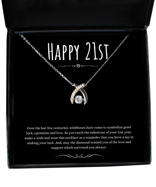 21st Birthday Gift Wishbone Necklace For Woman Turning 21 Meaningful Jewelry Message Card Present