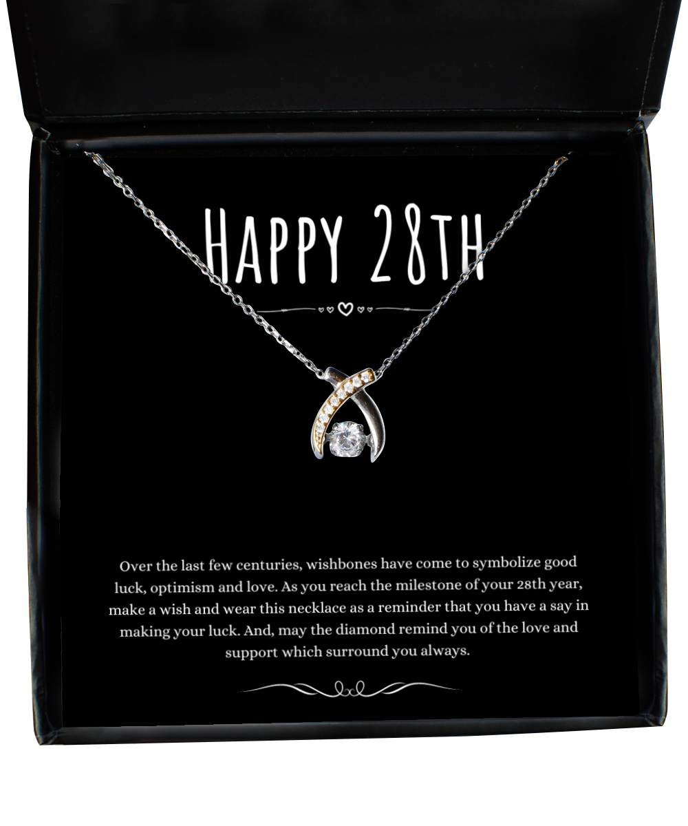 28th Birthday Gift Wishbone Necklace For Woman Turning 28 Meaningful Jewelry Message Card Present