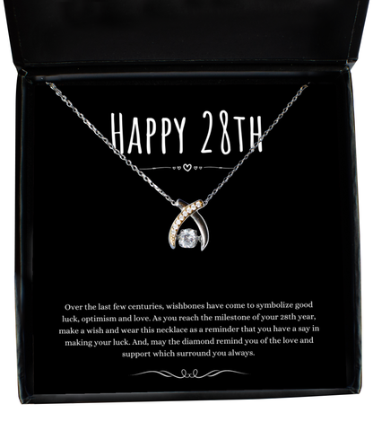 28th Birthday Gift Wishbone Necklace For Woman Turning 28 Meaningful Jewelry Message Card Present