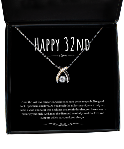 32nd Birthday Gift Wishbone Necklace For Woman Turning 32 Meaningful Jewelry Message Card Present