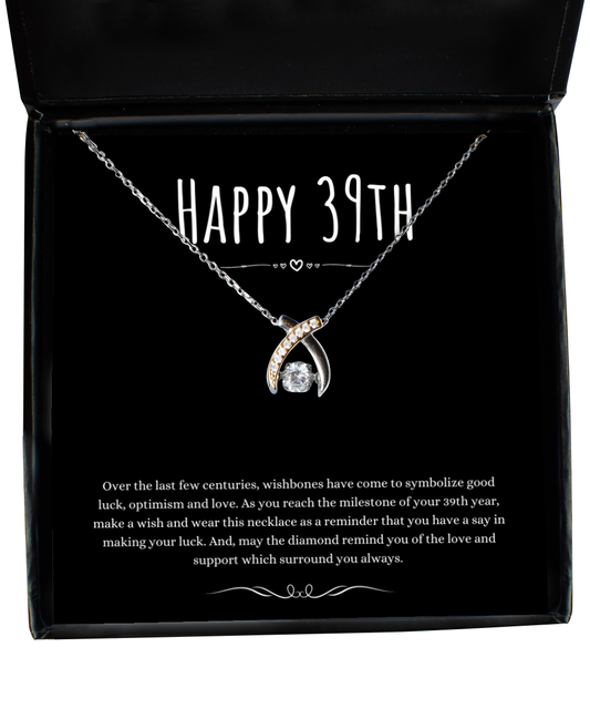 39th Birthday Gift Wishbone Necklace For Woman Turning 39 Meaningful Jewelry Message Card Present