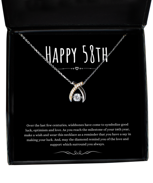 58th Birthday Gift Wishbone Necklace For Woman Turning 58 Meaningful Jewelry Message Card Present