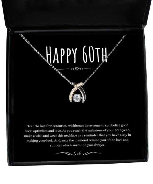 60th Birthday Gift Wishbone Necklace For Woman Turning 60 Meaningful Jewelry Message Card Present