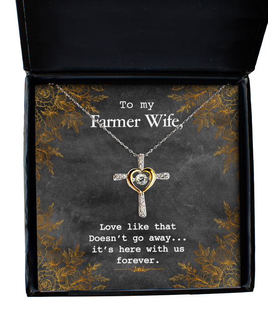 To My Farmer Wife Cross Dancing Necklace, To My Farmer Wife Jewelry Message Card Gift, Love Forever, Love Love Rose Gold  Necklace, Valentines Day Gifts For Farm Wife