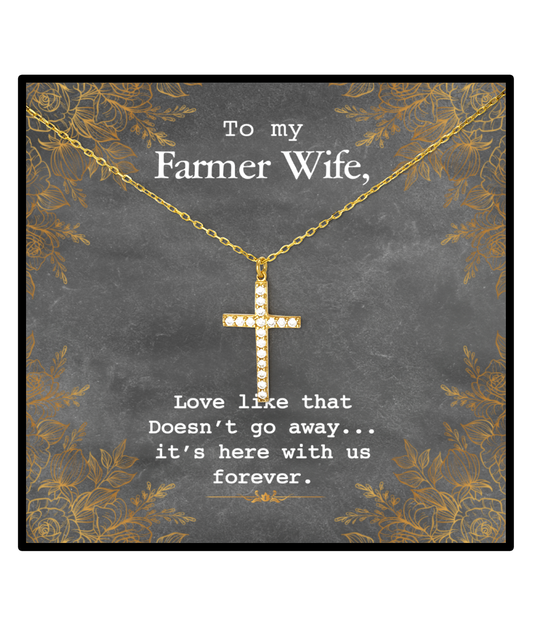 To My Farmer Wife Crystal Gold Cross Necklace, To My Farmer Wife Jewelry Message Card Gift, Love Forever, Love Love Rose Gold  Necklace, Valentines Day Gifts For Farm Wife