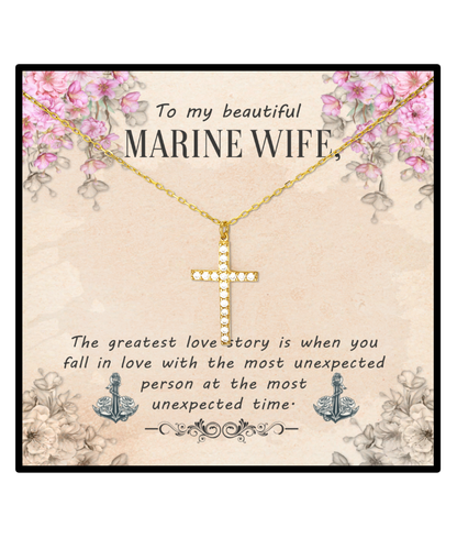 Marine Wife Crystal Gold Cross Necklace, To My Marine Wife, Gift For Marine Wife, Valentines Day Gifts For Marine Wife, Marine Wife Jewelry