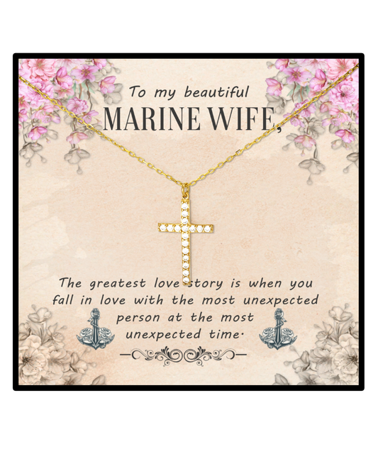 Marine Wife Crystal Gold Cross Necklace, To My Marine Wife, Gift For Marine Wife, Valentines Day Gifts For Marine Wife, Marine Wife Jewelry