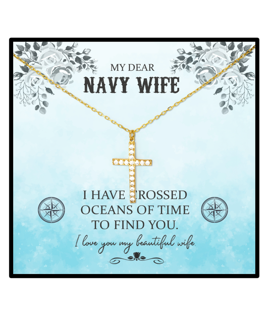 My Dear Navy Wife, Crystal Gold Cross Necklace For Her, Valentines Day Gifts For Navy Wife, Beautiful Navy Wife, Gift For Navy Wife