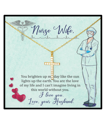 Nurse Wife Crystal Gold Cross Necklace, Nurse Wife Jewelry From Husband, Gift For Nurse Wife, Valentines Day Gifts For Nurse Wife,